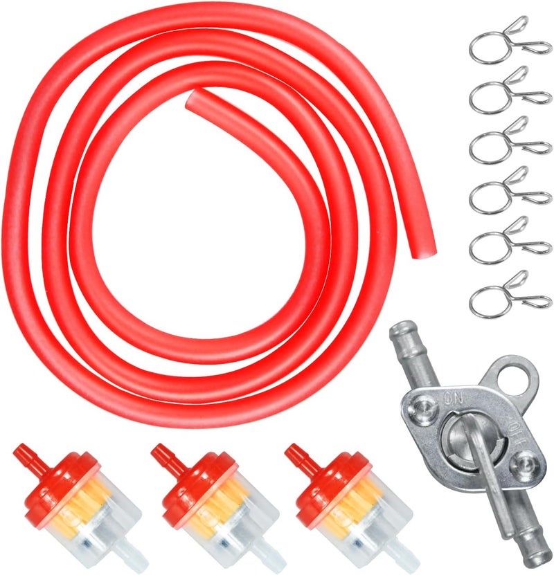 HOLATO Gas Fuel Line Hose Clamps Fuel Filters with Inline Shut Off Valve Petcock Set for 50cc 70cc 90cc 110cc 125cc 150cc Taotao Coolster Apollo Baja ATV Four Wheeler Dirt Pit Bike (RED) - Image 1